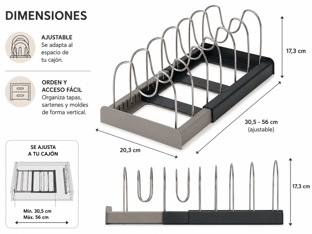 OllaOrder - Organizador Extensible para Tapas, Sartenes y Ollas | Ahorra Espacio